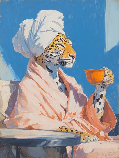Leopard in Bathrobe — Illustration Print. poster