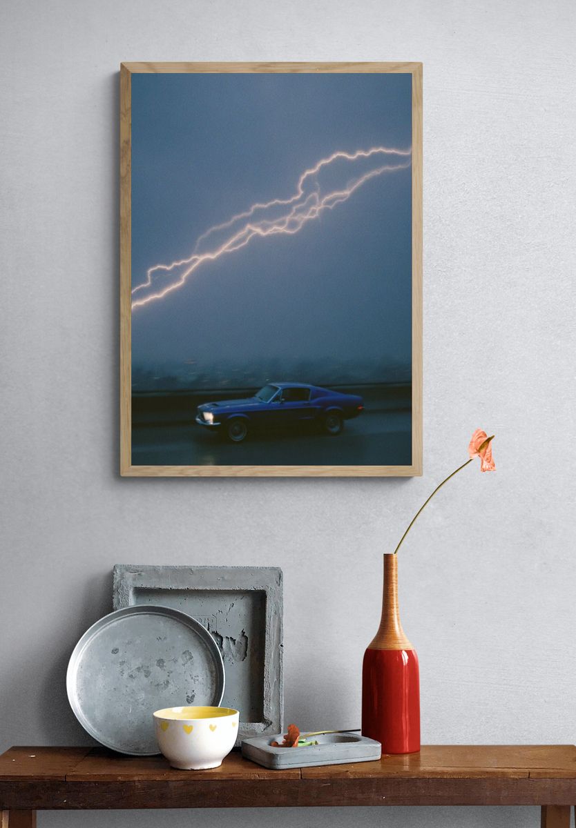 Lightning Strike with Classic Car Poster. — room view 3