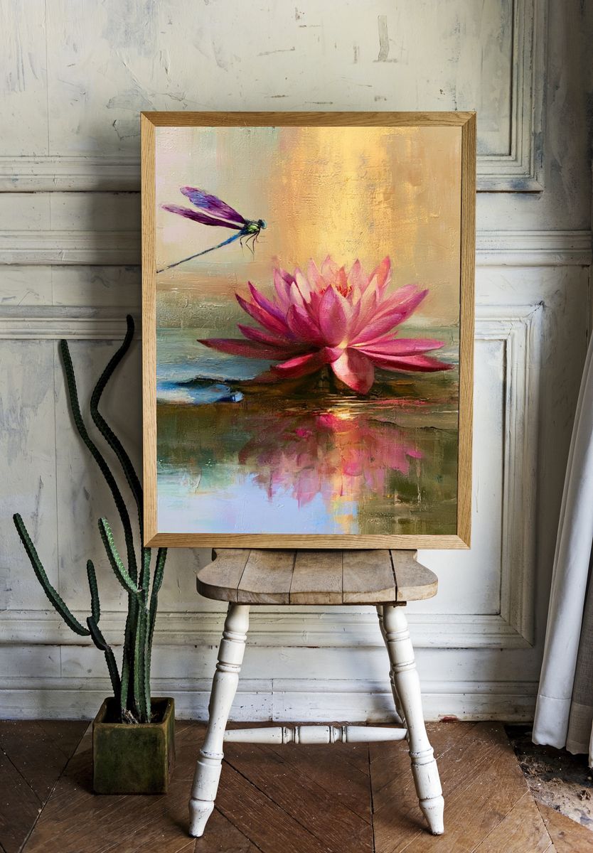 Lotus and Dragonfly Fine-Art Print. room preview