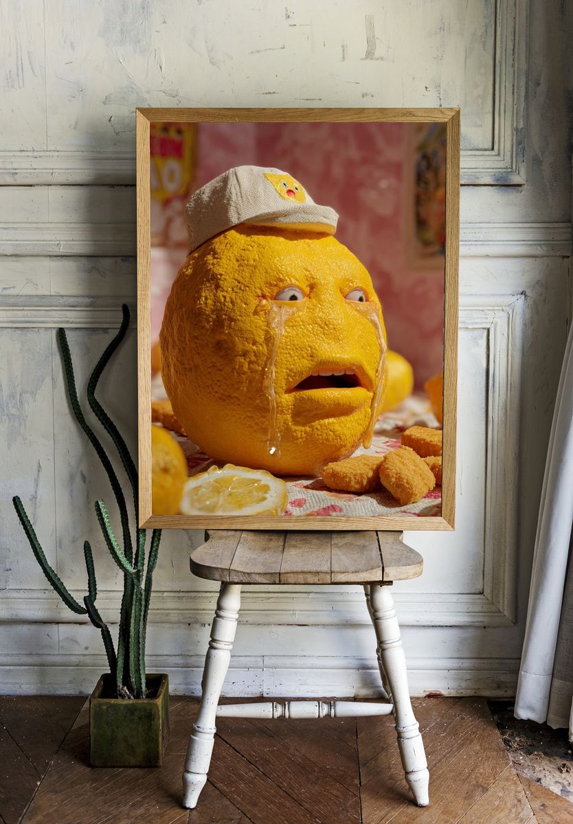 Sad Lemon with Hat — Whimsical Print. room preview