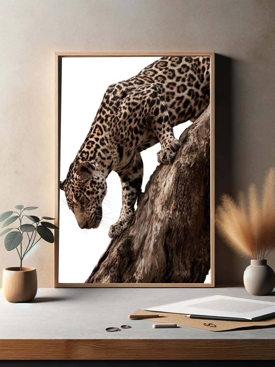 Leopard on Tree Trunk Photography Poster. — room view 2