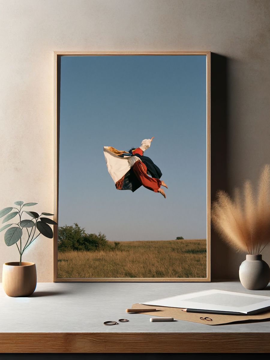 Leaping Figure in Sky Photography Poster. — room view 2