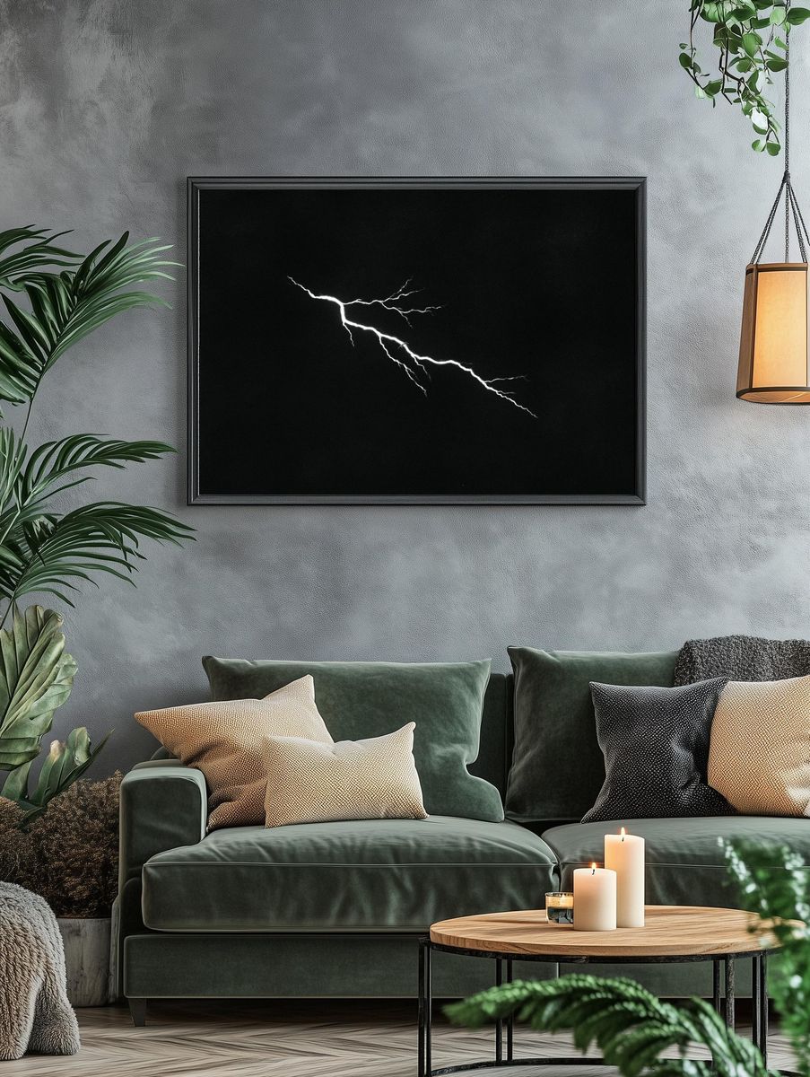 Lightning Strike Black-White Print. — room view 4