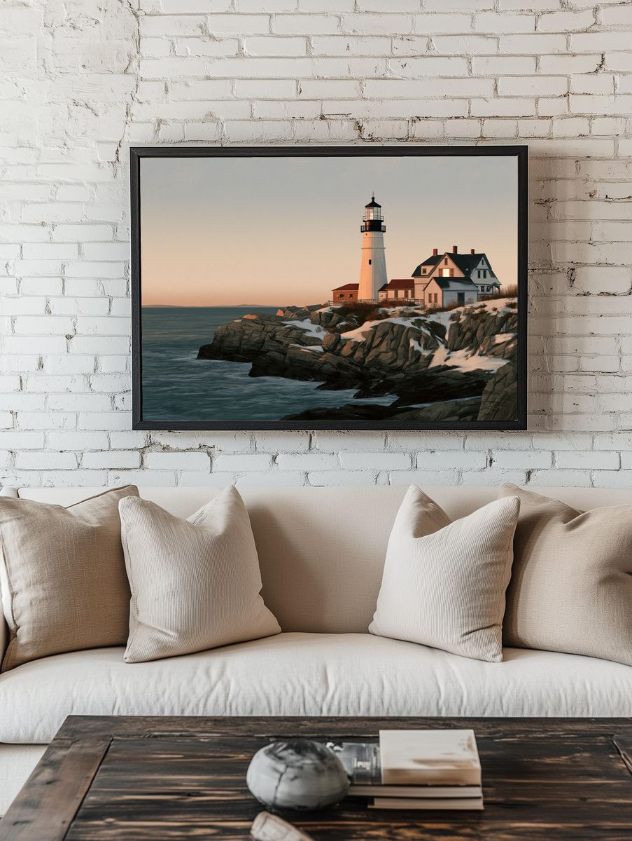 Coastal Lighthouse at Dusk Poster. — room view 1