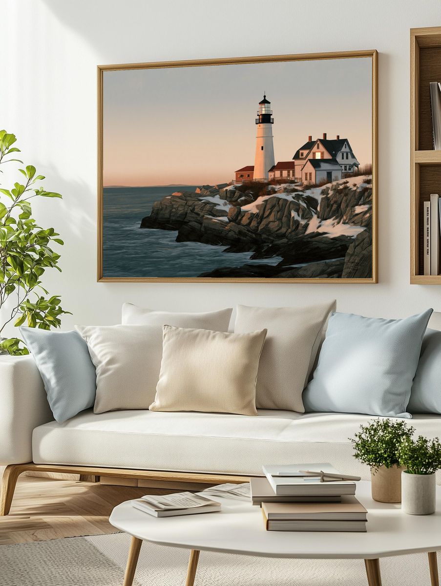 Coastal Lighthouse at Dusk Poster. — room view 2