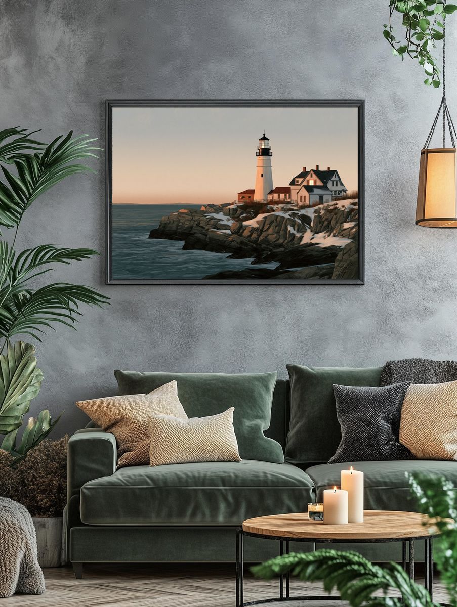 Coastal Lighthouse at Dusk Poster. — room view 4