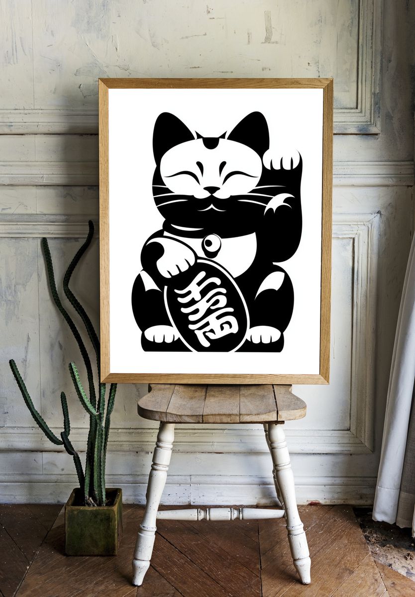 Lucky Cat Ink Illustration Poster. room preview