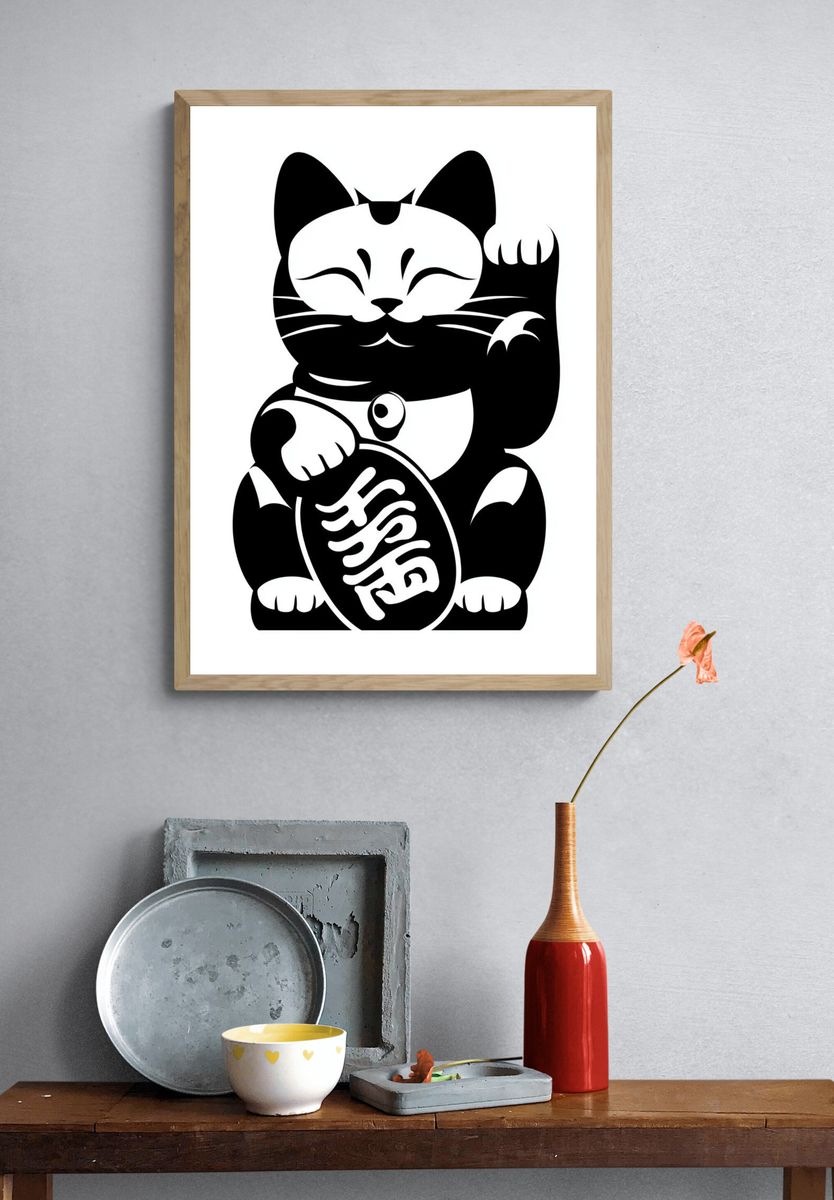 Lucky Cat Ink Illustration Poster. — room view 3