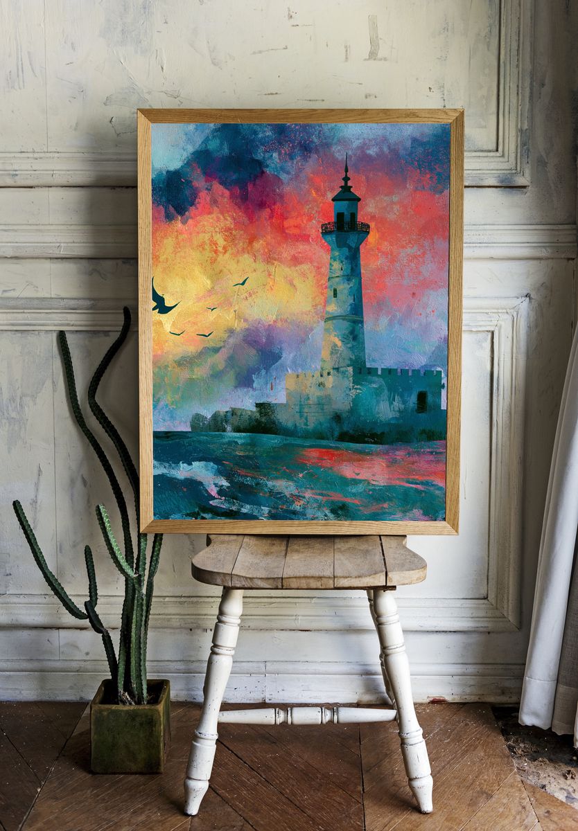 Lighthouse Sunset Illustration Poster. room preview