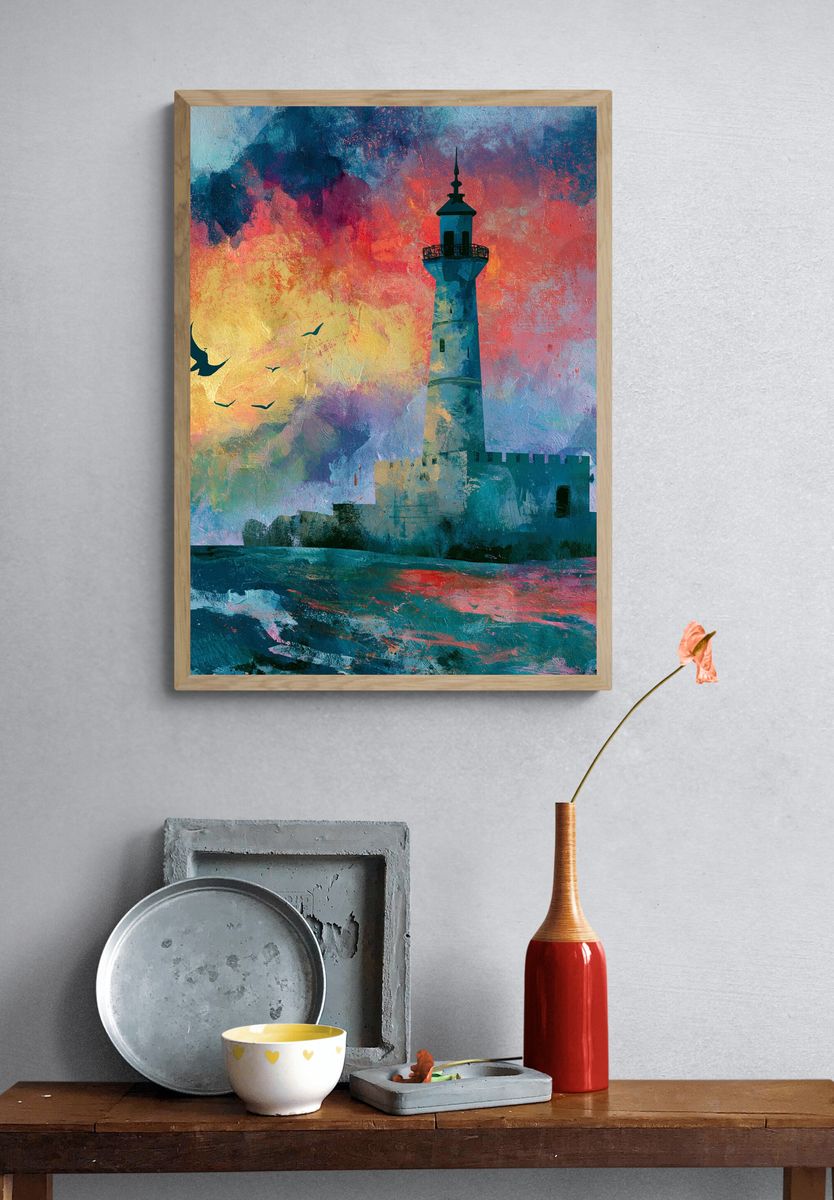 Lighthouse Sunset Illustration Poster. — room view 3