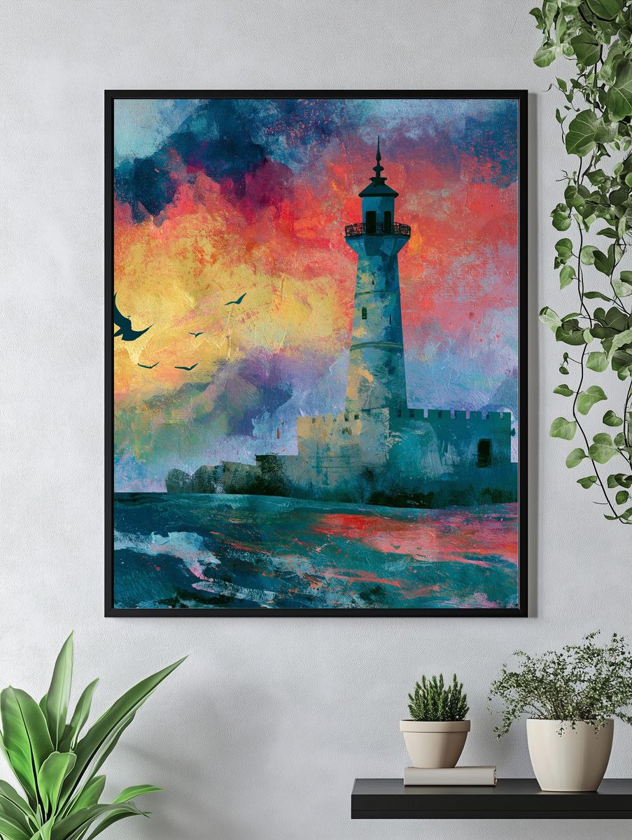 Lighthouse Sunset Illustration Poster. — room view 4