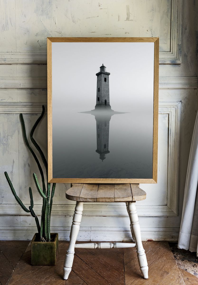 Misty Lighthouse Reflection Print. room preview