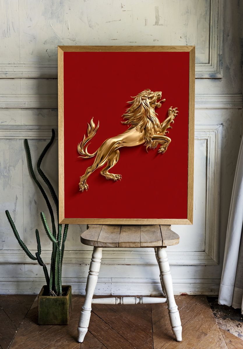 Golden Lion on Red Illustration Poster. — room view 1