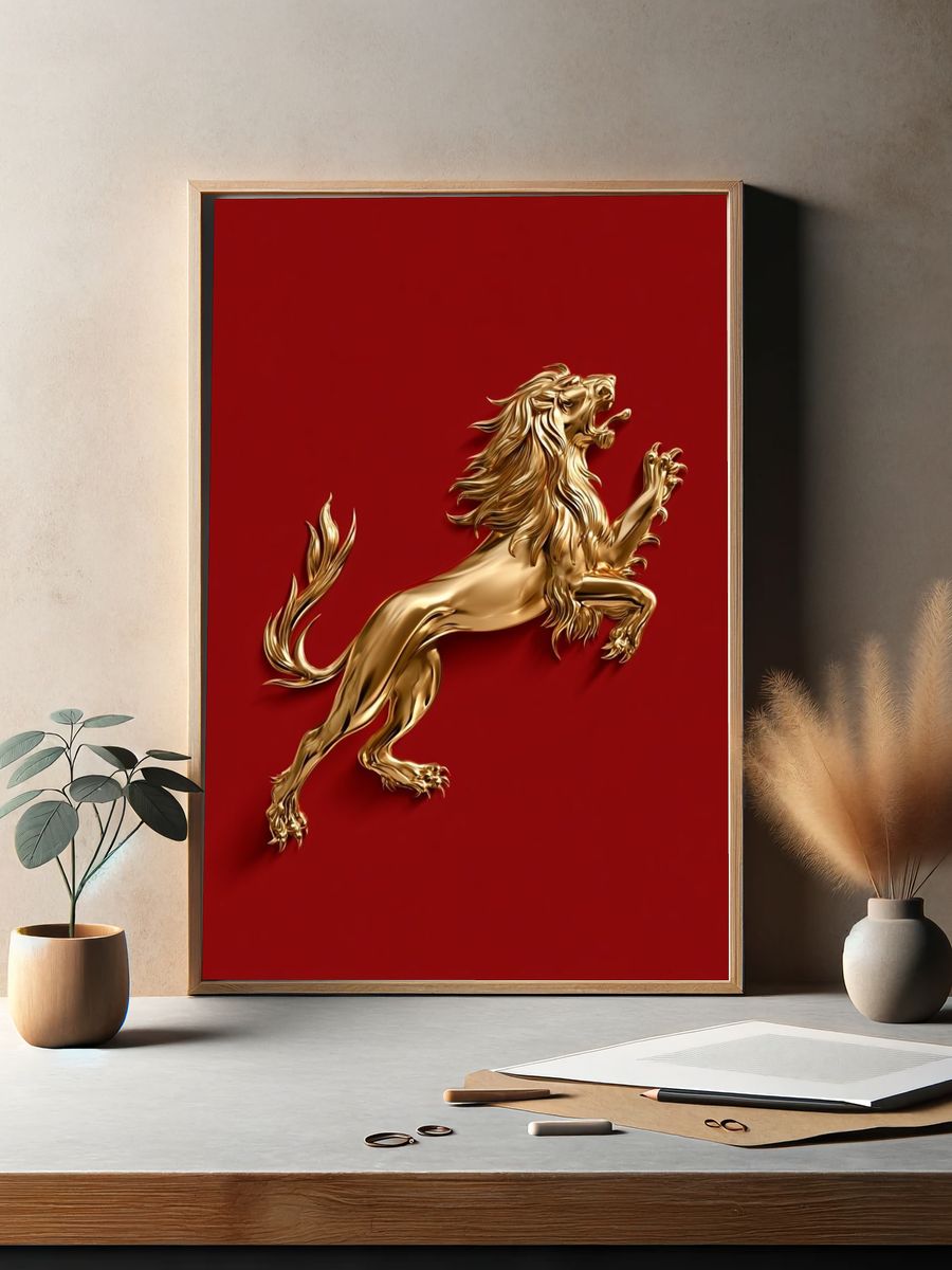 Golden Lion on Red Illustration Poster. — room view 2