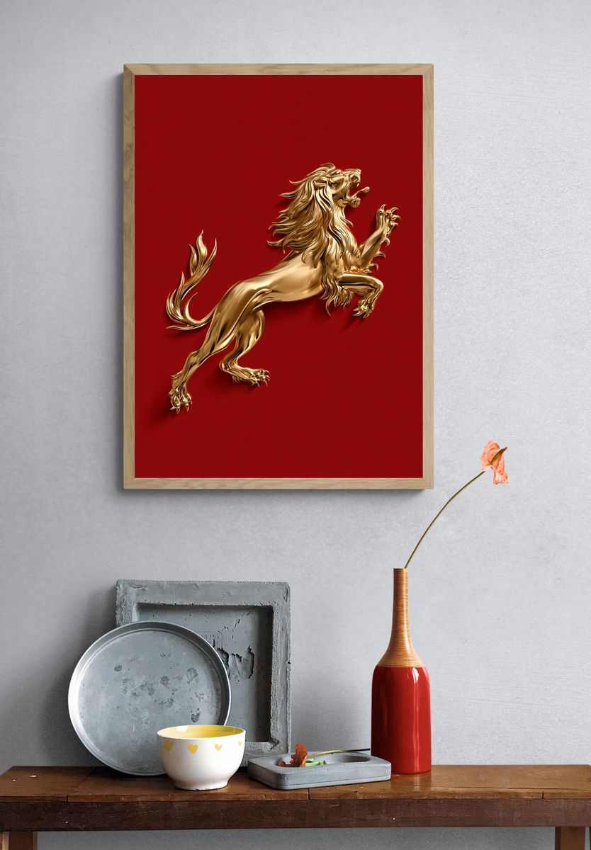 Golden Lion on Red Illustration Poster. — room view 3