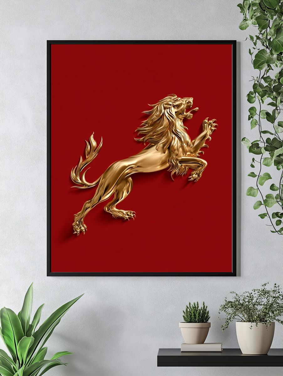 Golden Lion on Red Illustration Poster. — room view 4