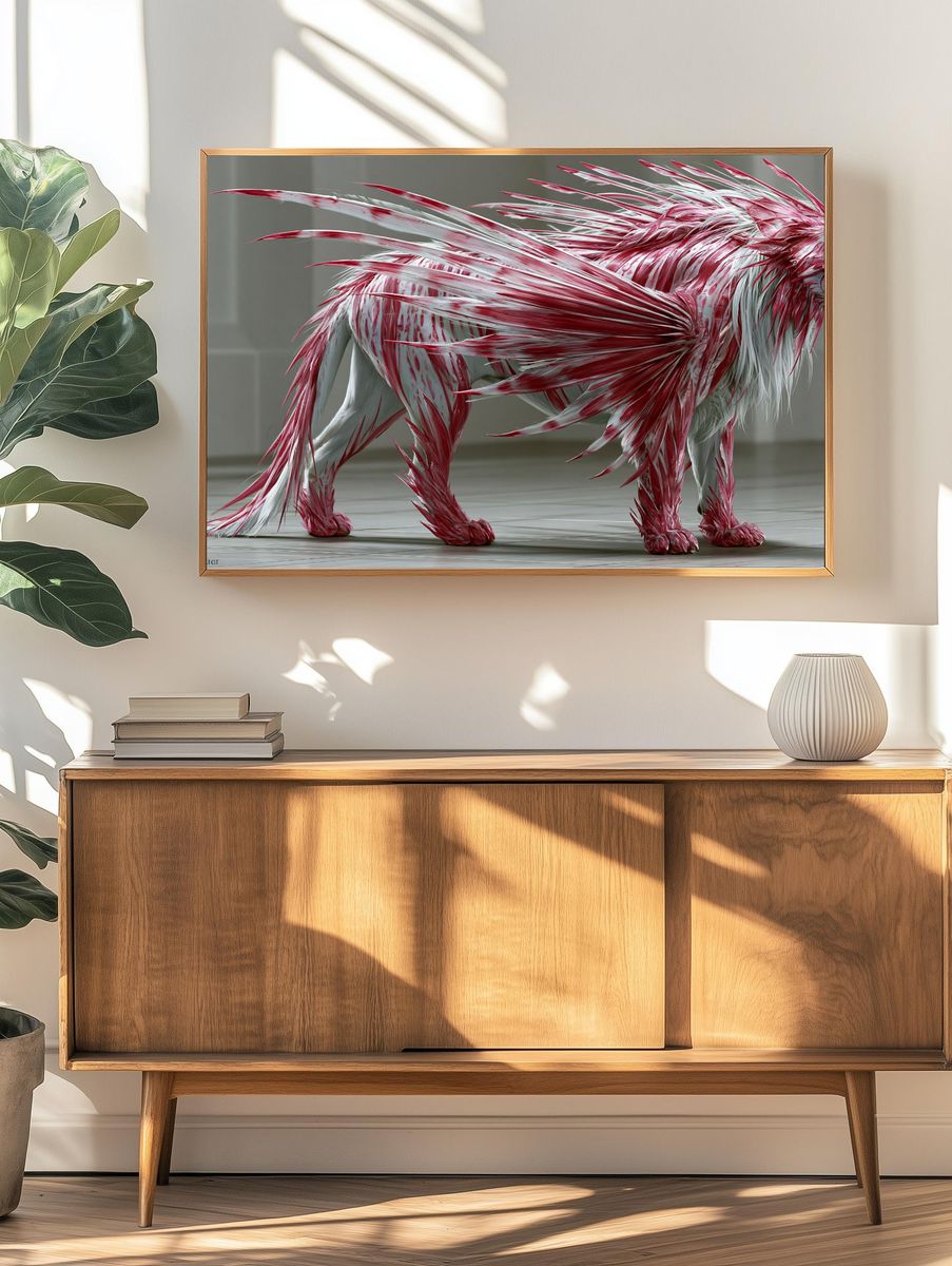 Red and White Lion Digital Art Poster. — room view 3