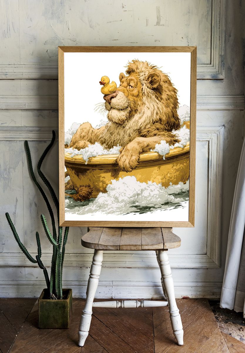 Lion Bath Time Illustration Poster. room preview