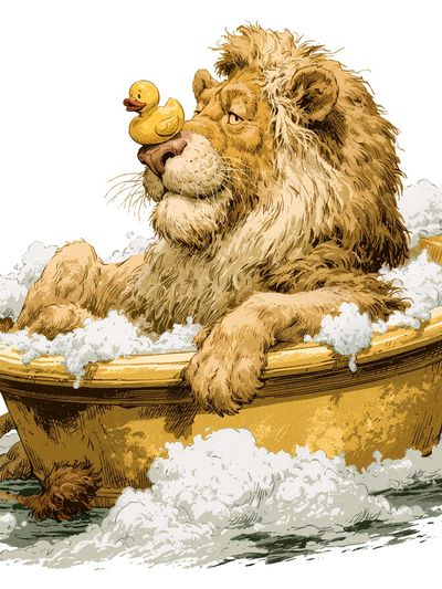 Lion Bath Time Illustration Poster. poster
