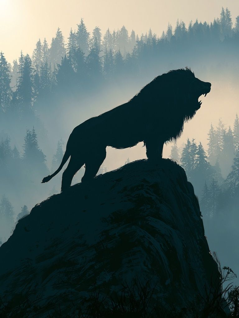 Lion on Cliff Forest Print. poster — animals art