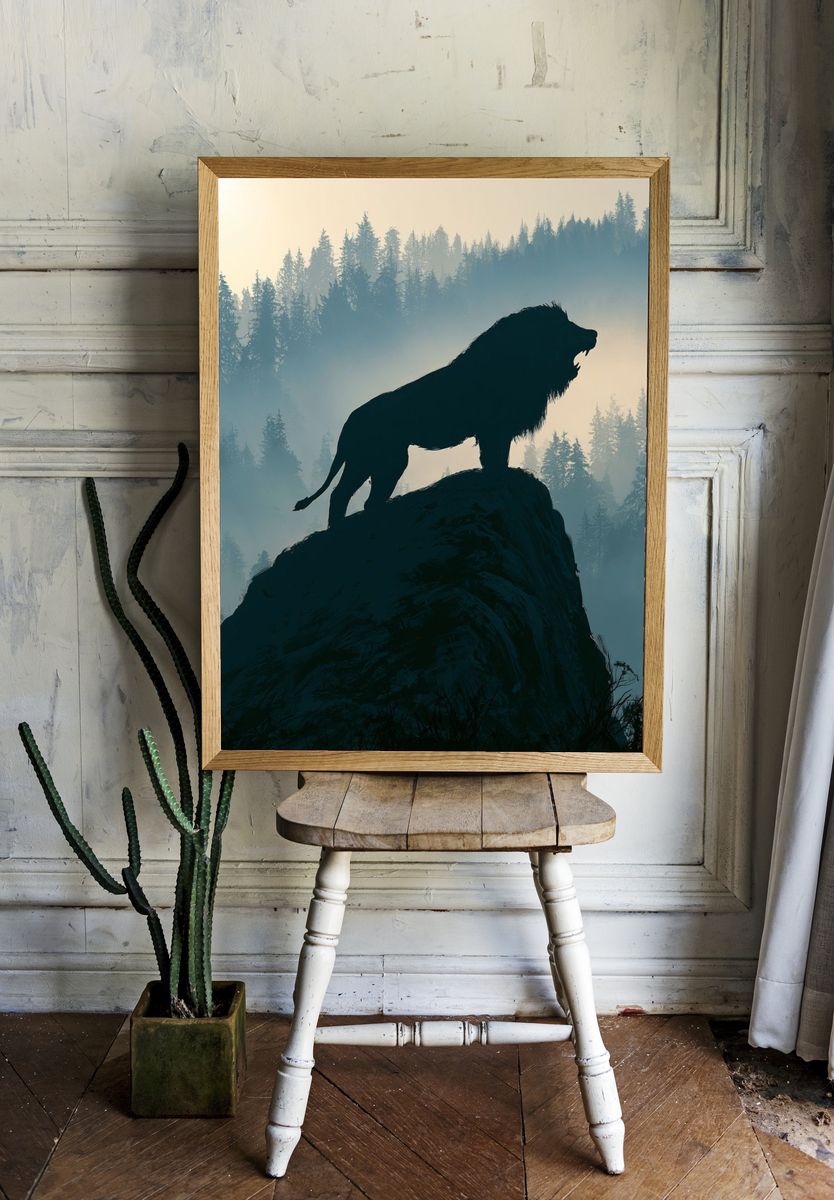Lion on Cliff Forest Print. — room view 1