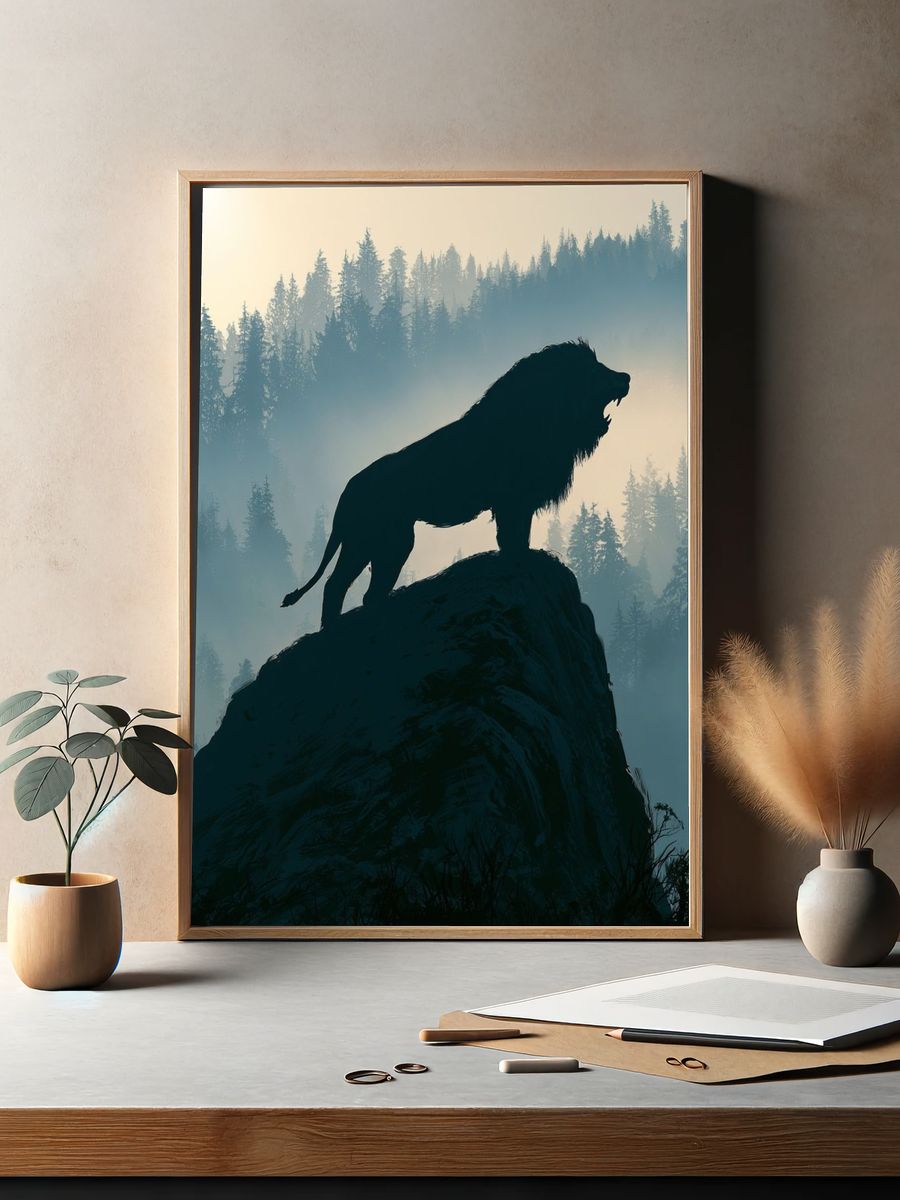 Lion on Cliff Forest Print. — room view 2