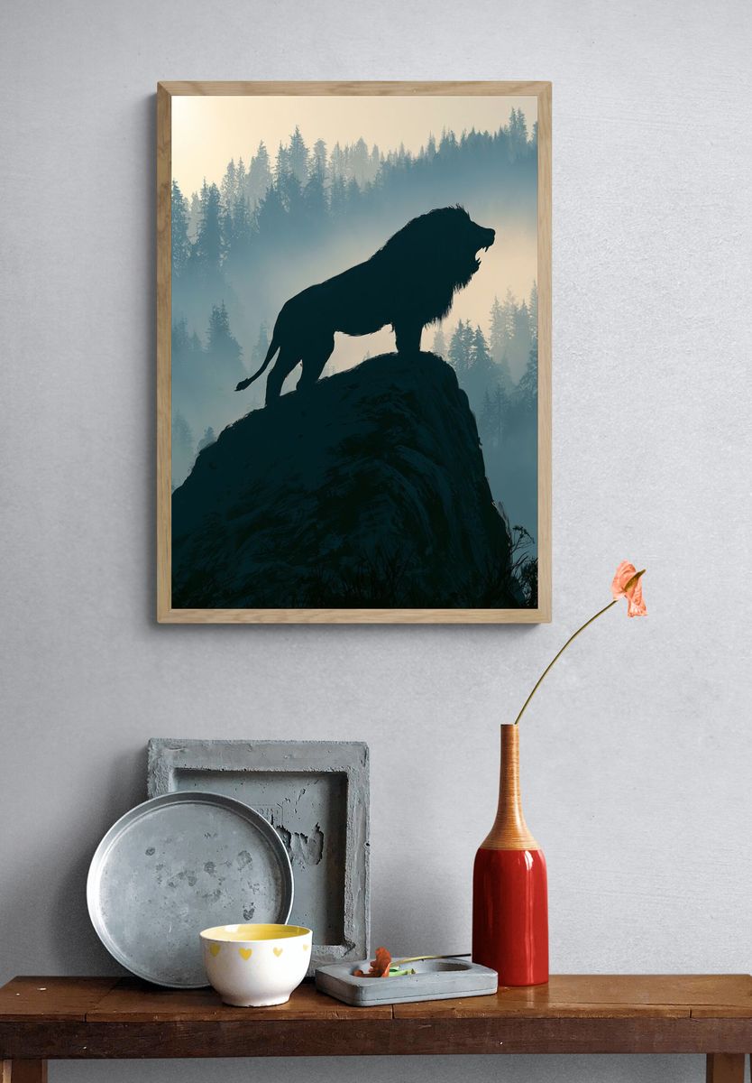 Lion on Cliff Forest Print. — room view 3