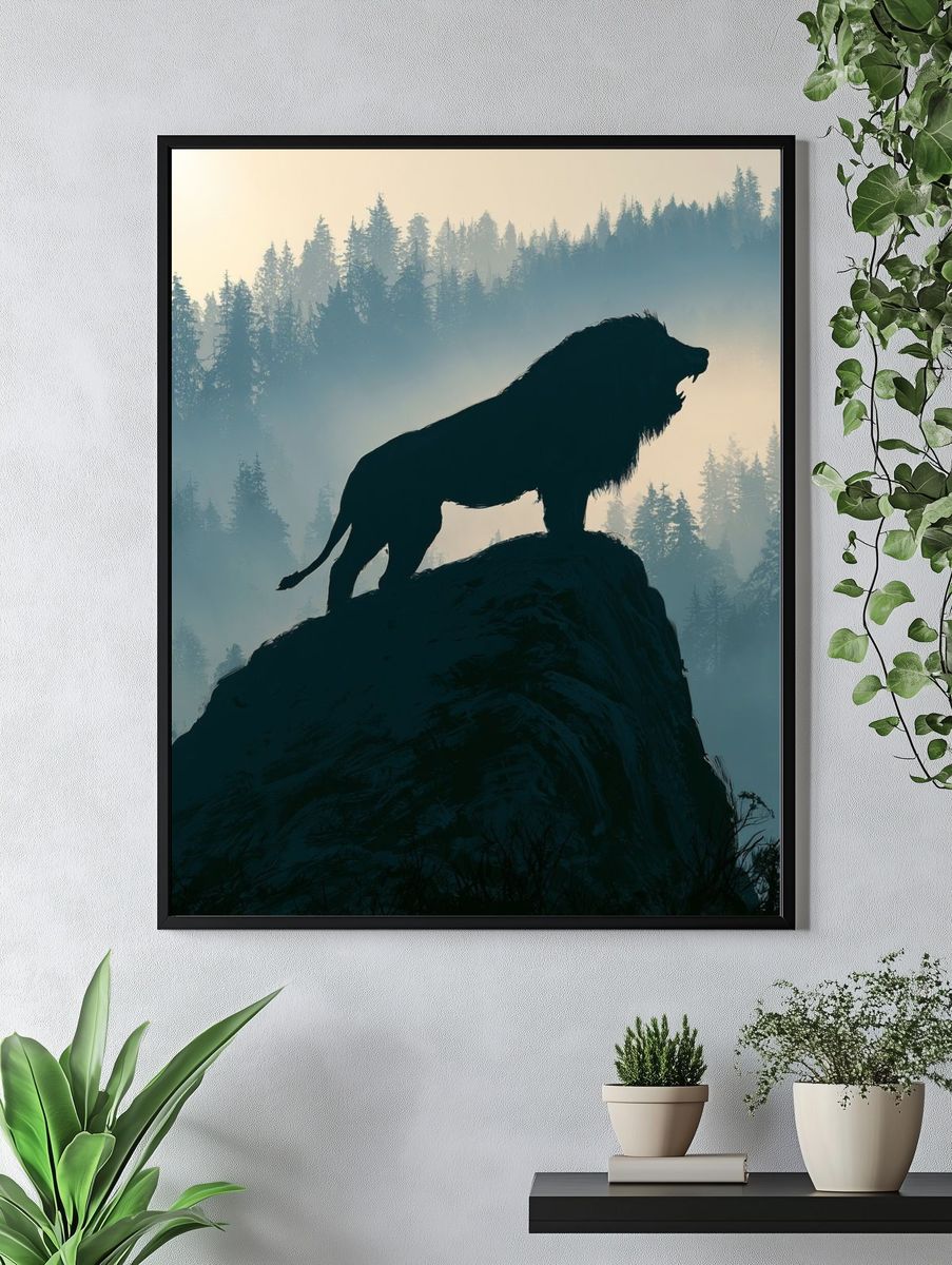 Lion on Cliff Forest Print. — room view 4