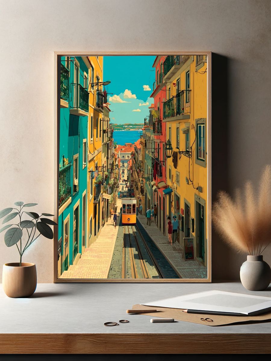 Lisbon Tram Street — Vintage Print. — room view 2