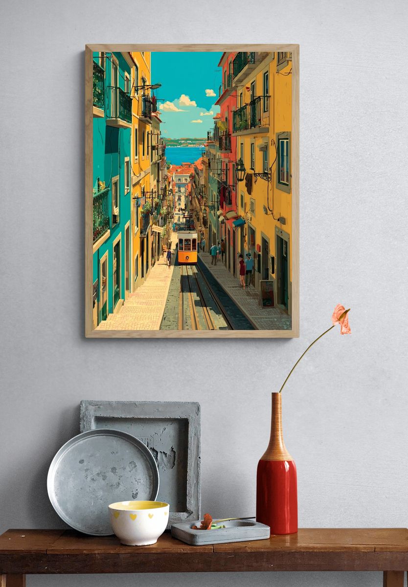 Lisbon Tram Street — Vintage Print. — room view 3