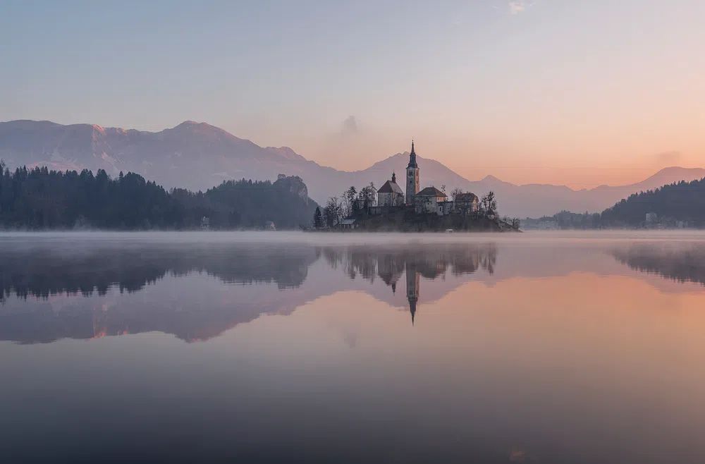 Misty Lake Church Landscape Poster. poster — photography art