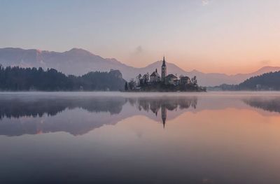 Misty Lake Church Landscape Poster. poster