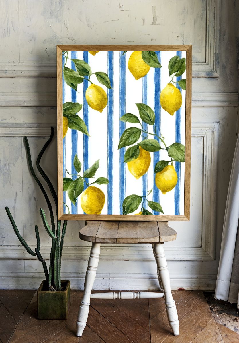 Lemon and Blue Stripes Botanical Poster room preview