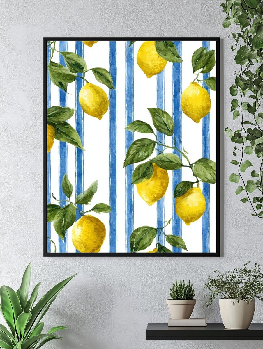 Lemon and Blue Stripes Botanical Poster. — room view 4