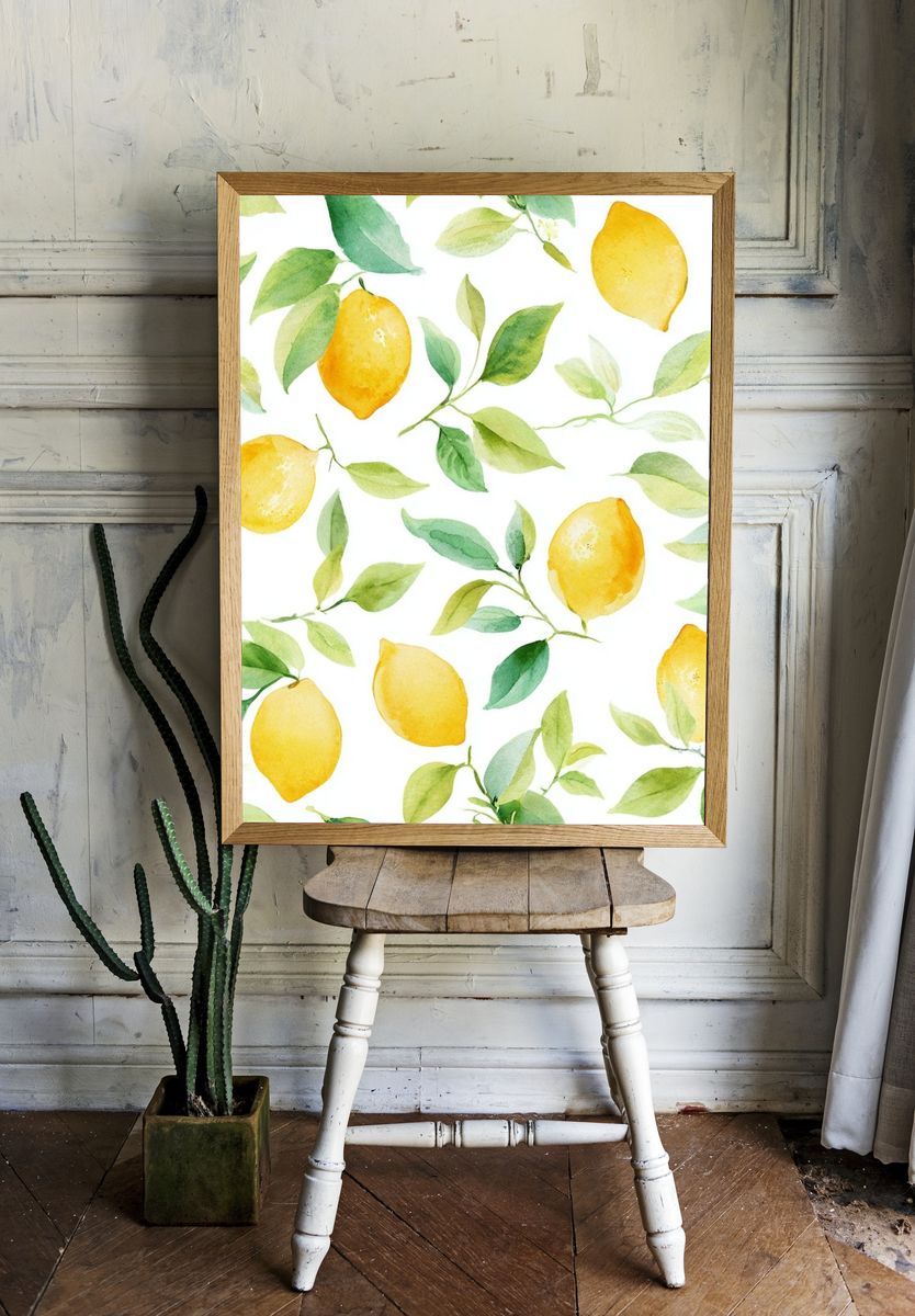 Lemon and Leaf Watercolor Poster. — room view 1