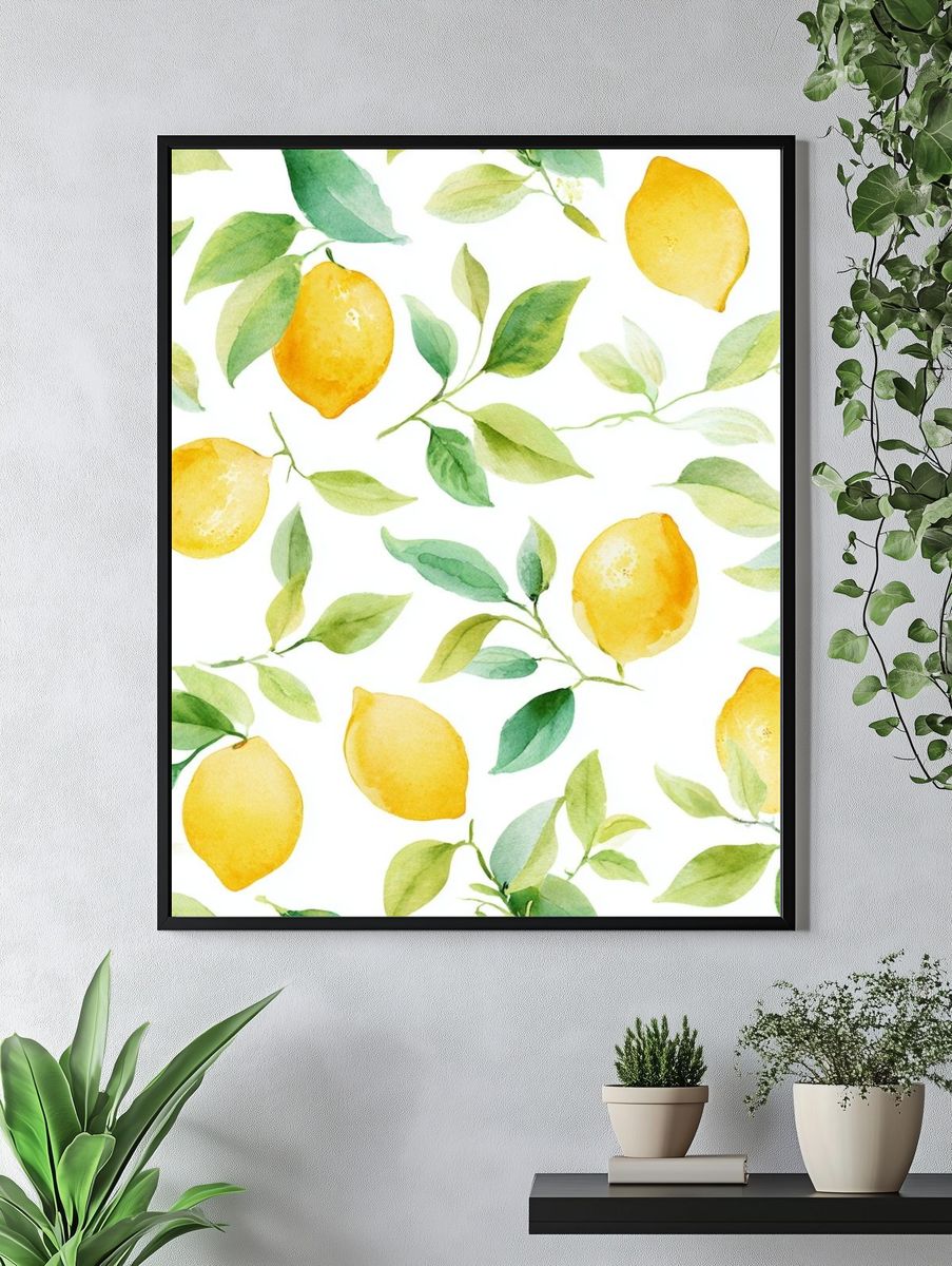 Lemon and Leaf Watercolor Poster. — room view 4