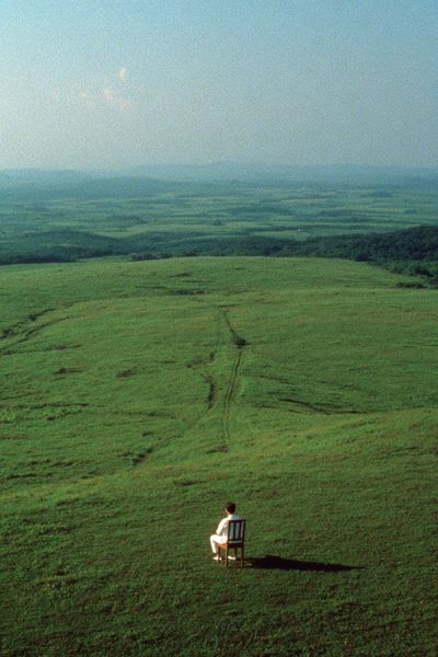 Solitary Figure in Green Hills Poster. poster print