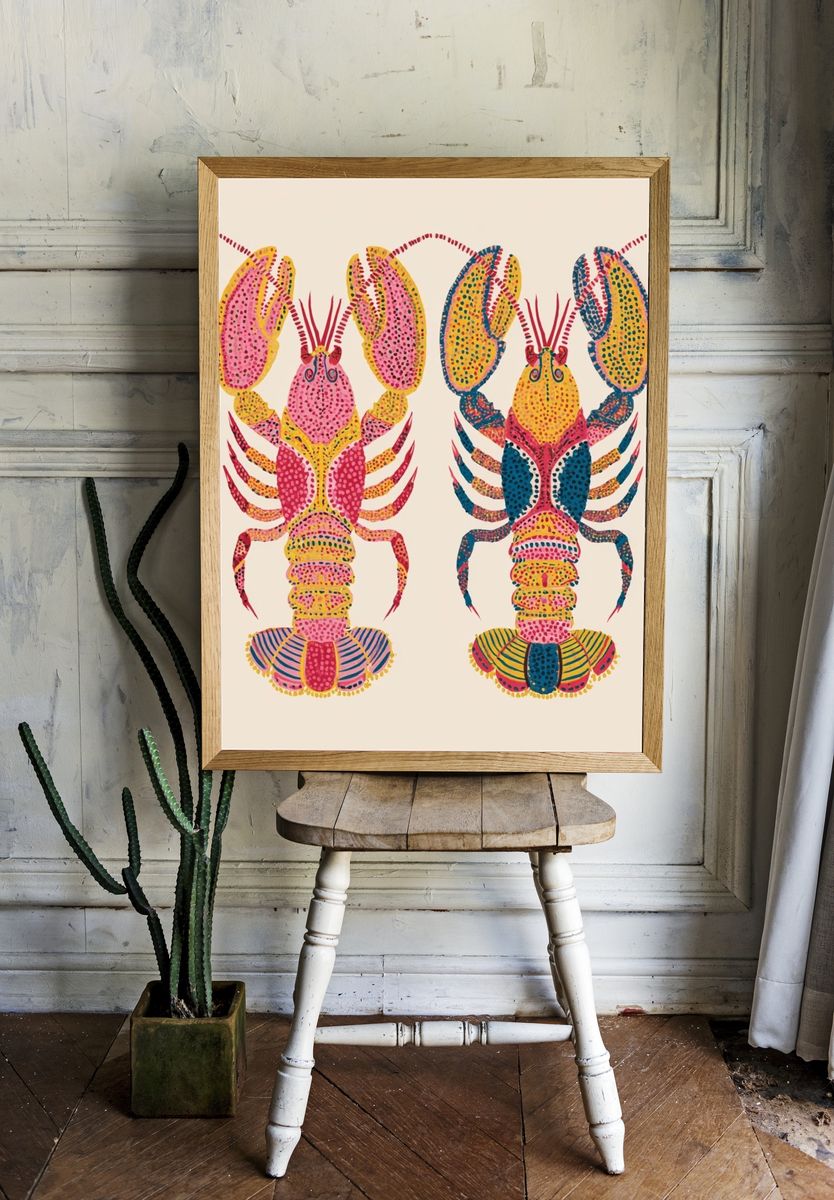 Colorful Lobster Pair Illustration Poster. — room view 1