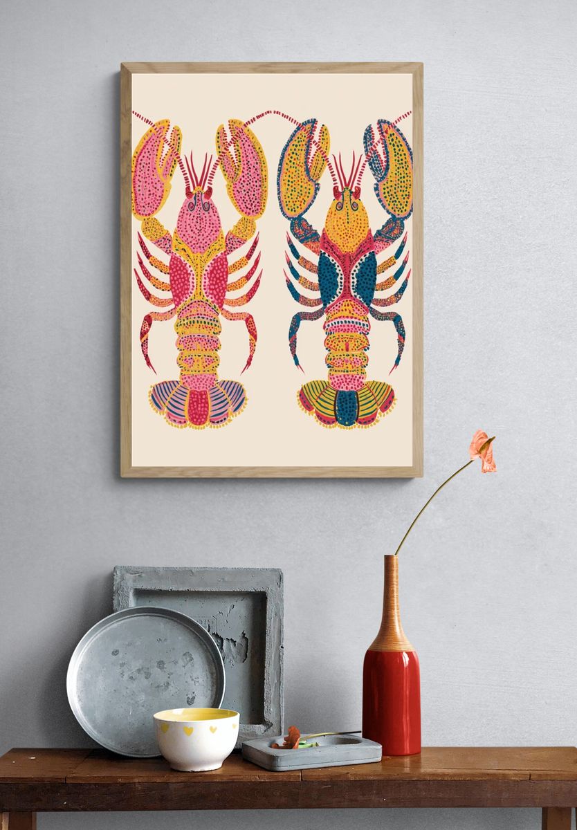 Colorful Lobster Pair Illustration Poster. — room view 3