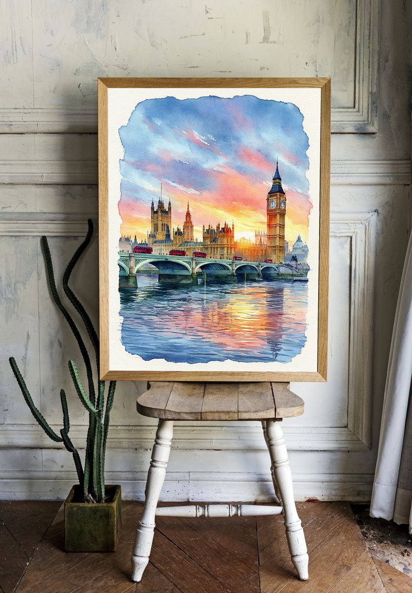 London Sunset Watercolor Print. — room view 1