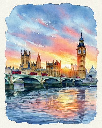 London Sunset Watercolor Print. poster