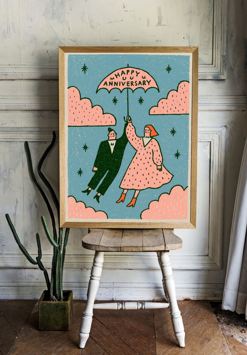Happy Anniversary Couple Illustration Poster. — room view 1