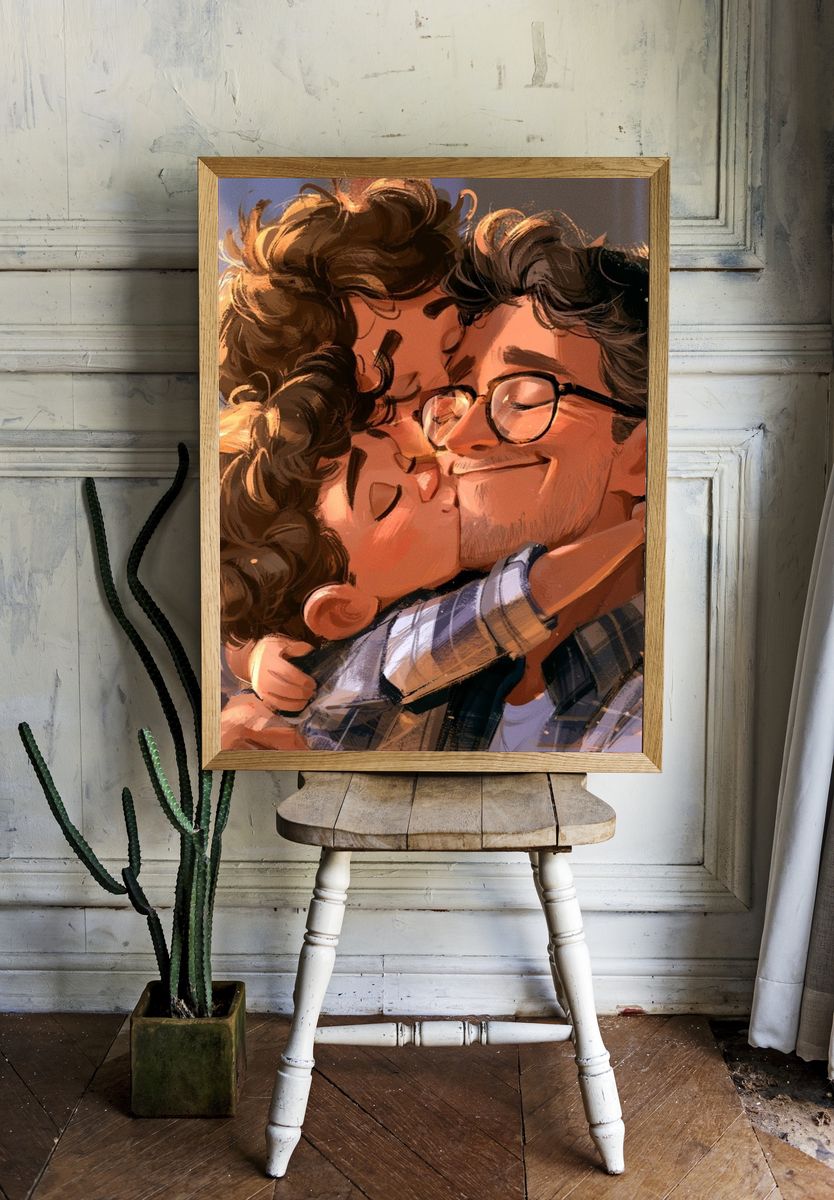 Tender Couple Embrace Illustration Poster. — room view 1