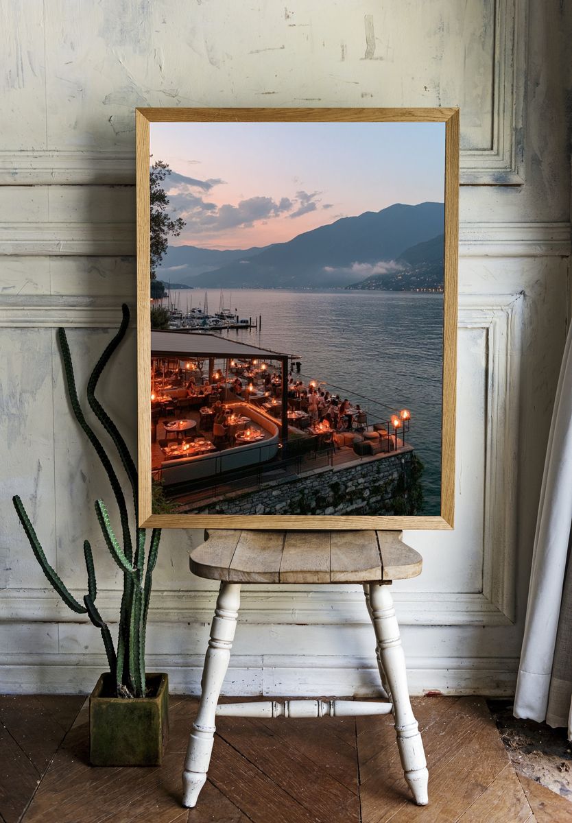 Lakefront Sunset Dining Photography Poster. — room view 1