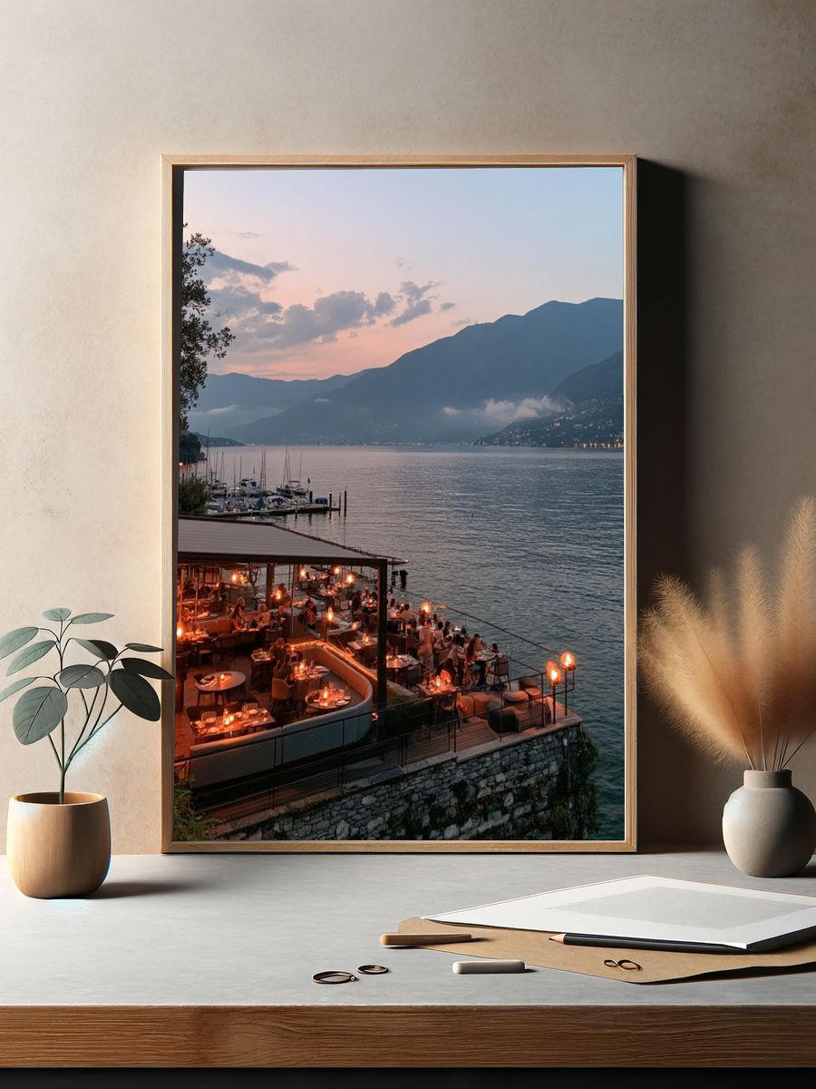 Lakefront Sunset Dining Photography Poster. — room view 2
