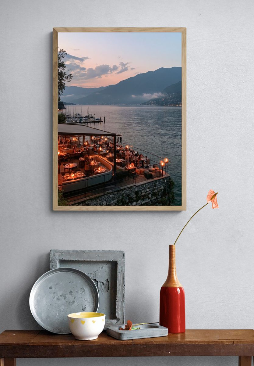Lakefront Sunset Dining Photography Poster. — room view 3