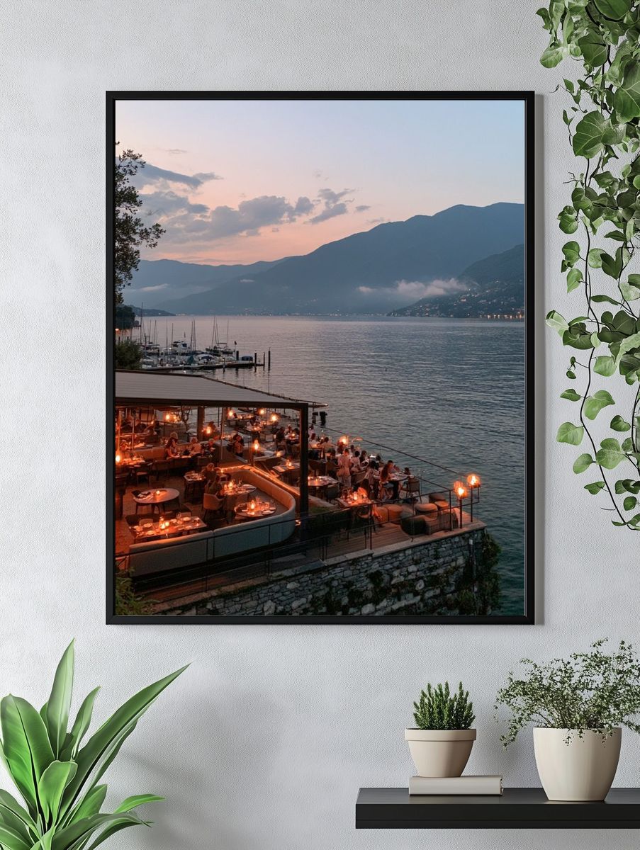 Lakefront Sunset Dining Photography Poster. — room view 4