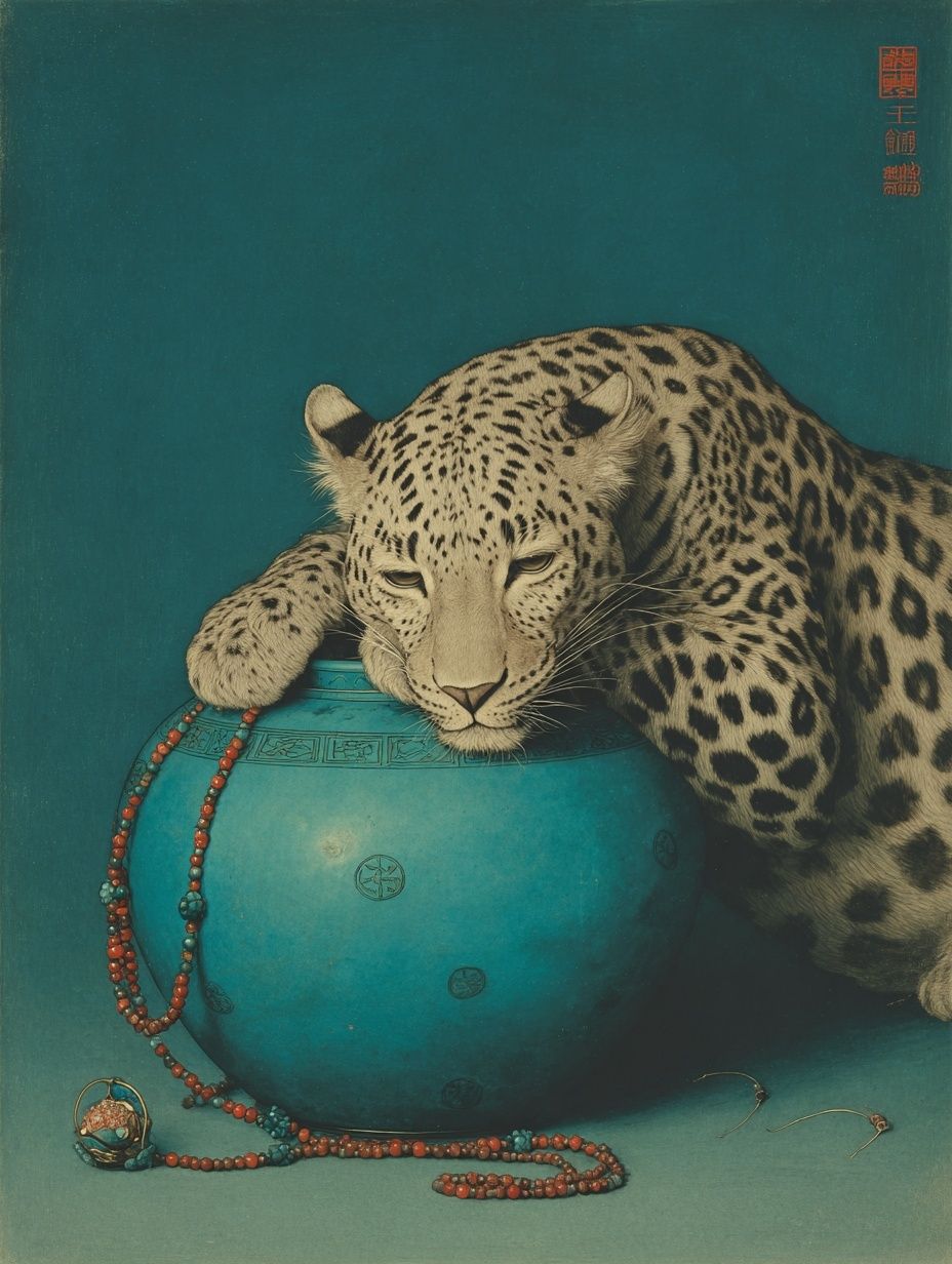 Leopard with Turquoise Pot — Fine Art Print. poster — animals art