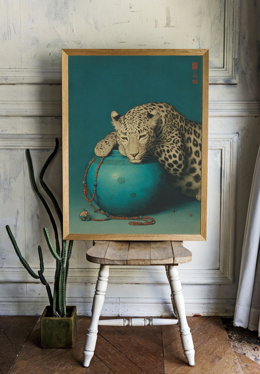 Leopard with Turquoise Pot — Fine Art Print room preview
