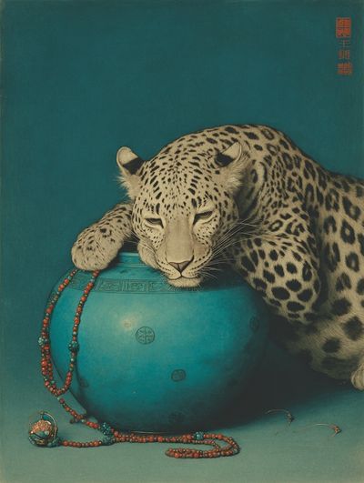 Leopard with Turquoise Pot — Fine Art Print